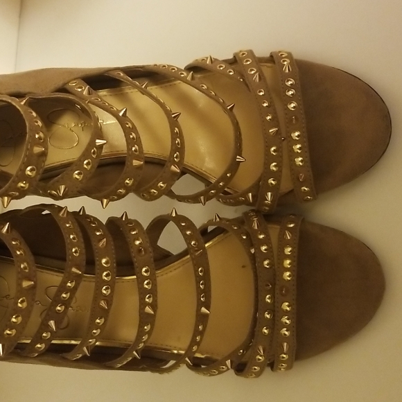 Beige Peep Toe Spike Stiletto High Heel Ankle Boots Studs Size 8 - Picture 4 of 12